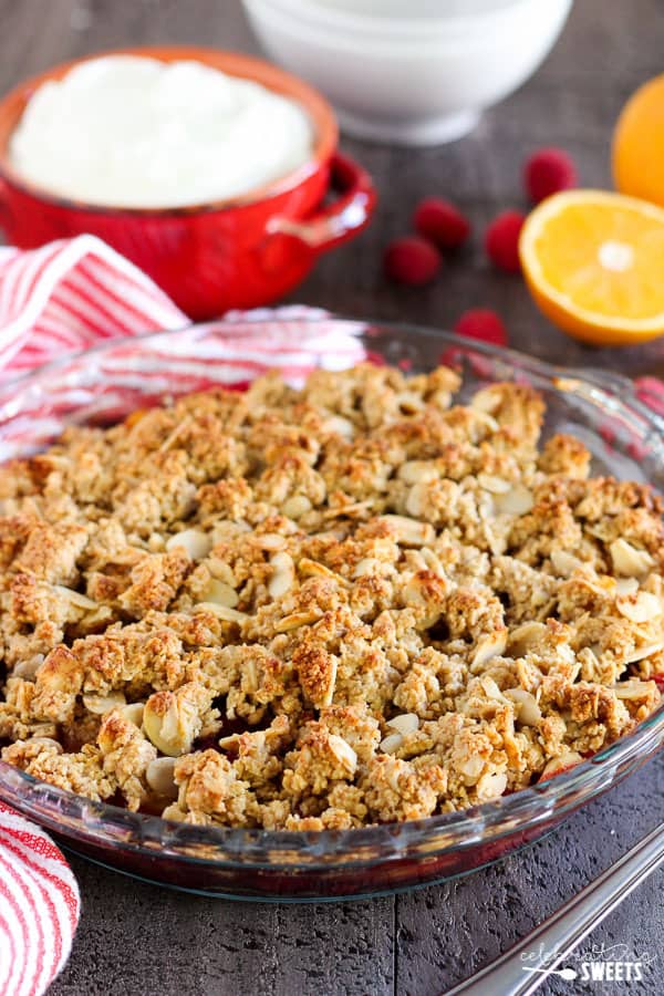 Fruit crisp in a clear pie plate.