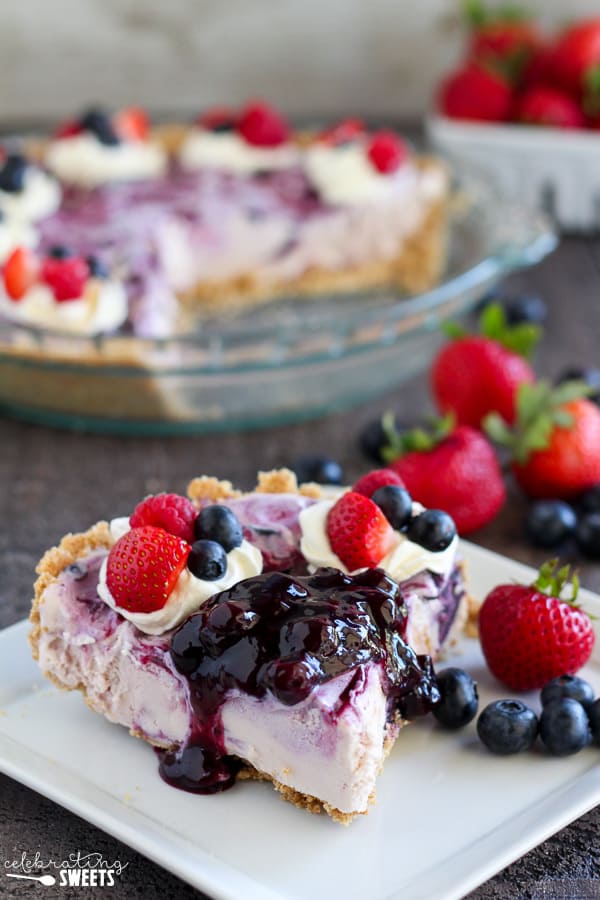 Slice of berry ice cream pie.