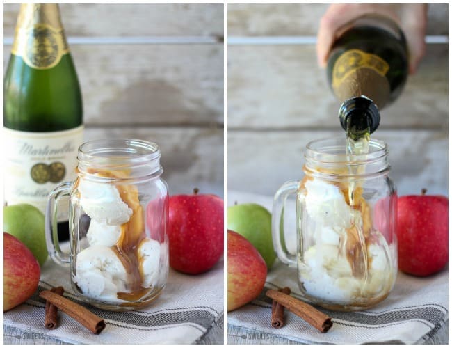 Apple cider float in a mason jar with caramel sauce.