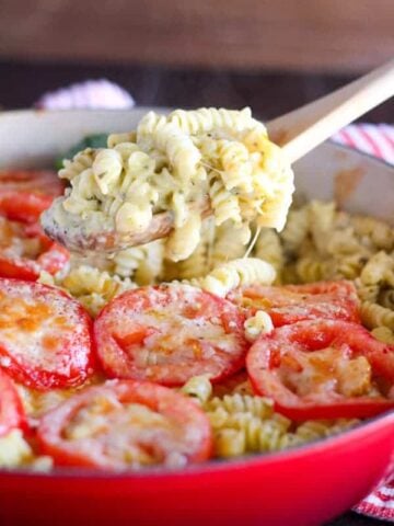 A close up of macaroni and cheese topped with sliced tomatoes.