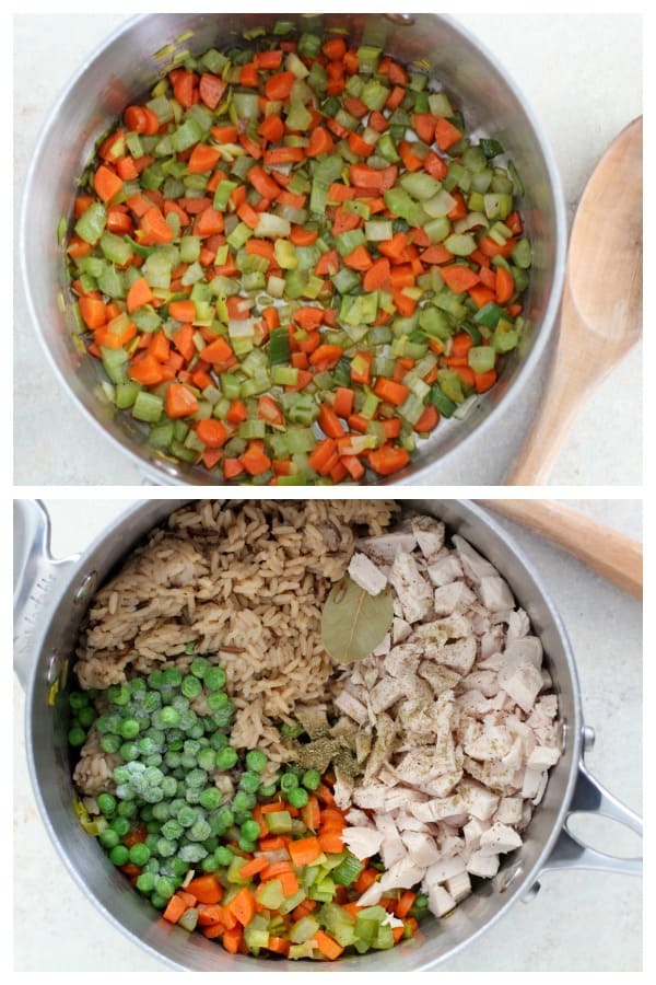How to make Chicken Rice Soup. Soup Ingredients in a Pot.