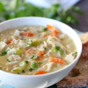 A bowl of chicken rice soup