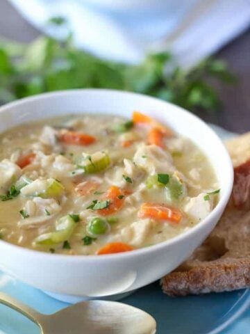 A bowl of chicken rice soup