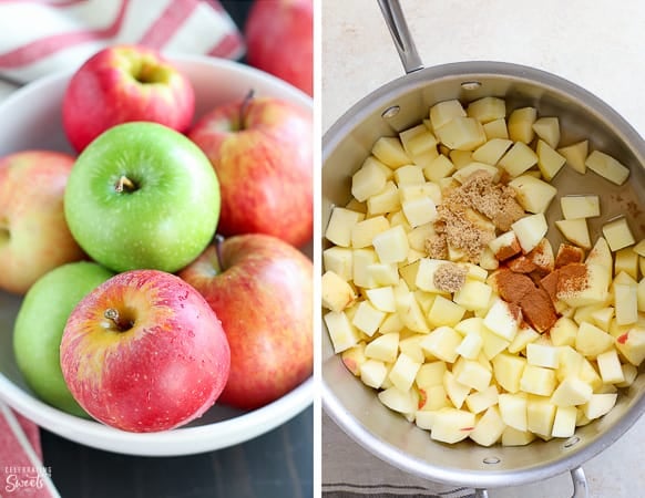 Apples for homemade applesauce (in a bowl and in a saucepan)