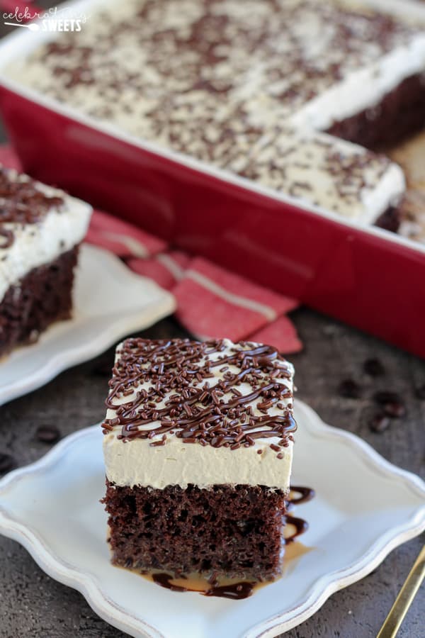 Slice of chocolate cake on a white plate.