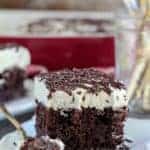A close up of a piece of chocolate cake on a plate.