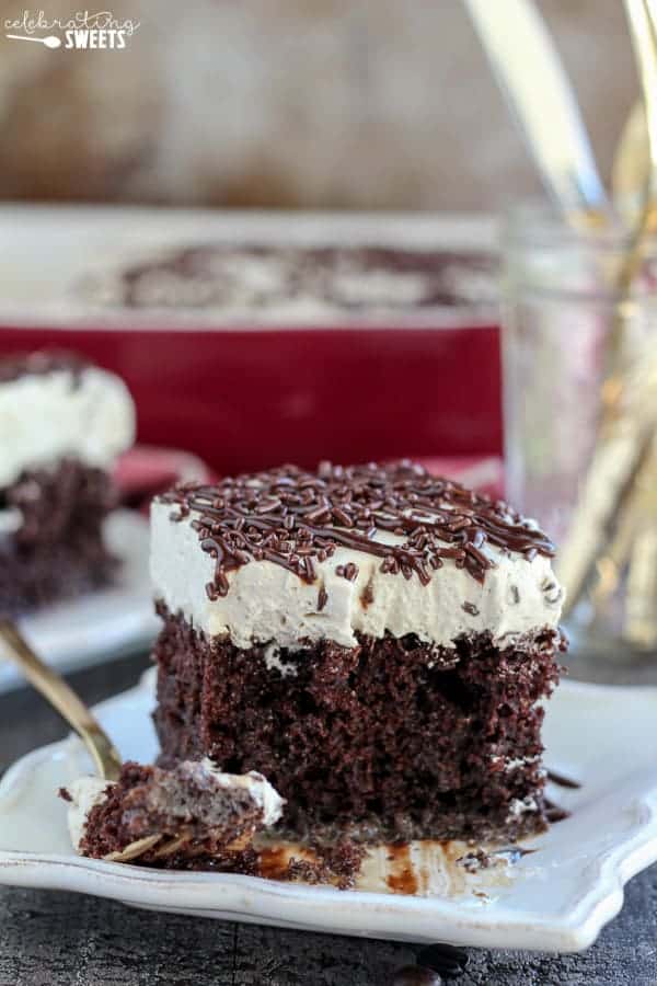 A close up of a piece of chocolate cake on a plate.