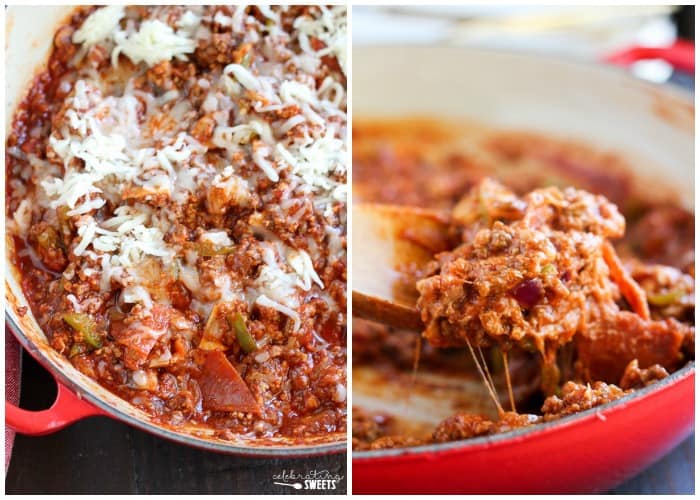 Pizza sloppy joe meat topped with cheese.