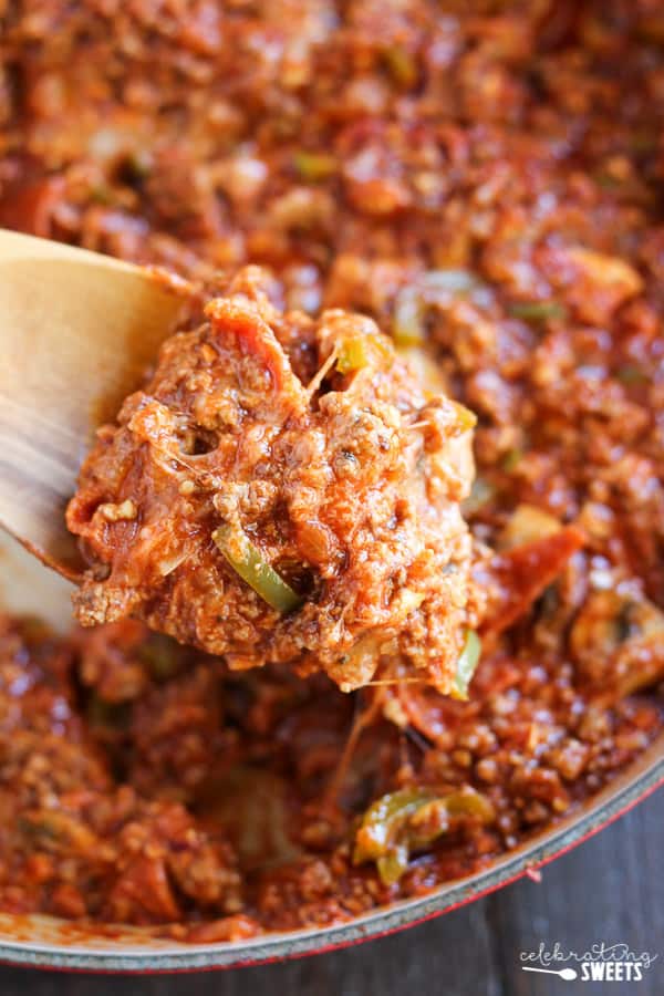 Close up of sloppy joe meat in a pan.