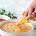 Queso dip and tortilla chips.