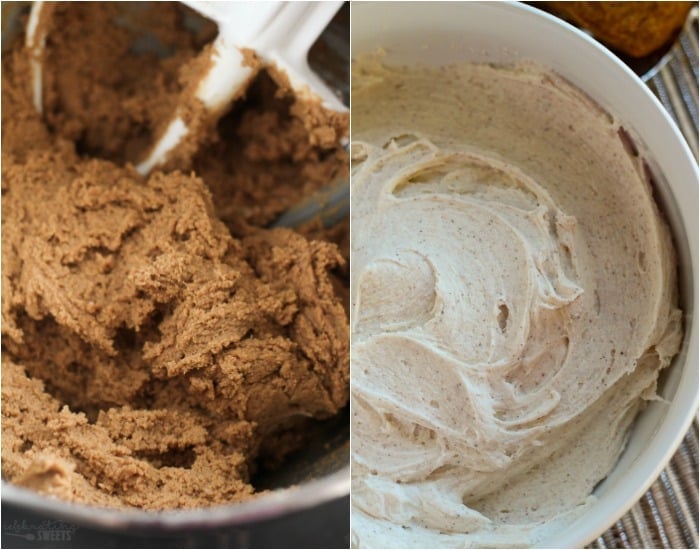 Cookie dough in a bowl and frosting in a bowl.