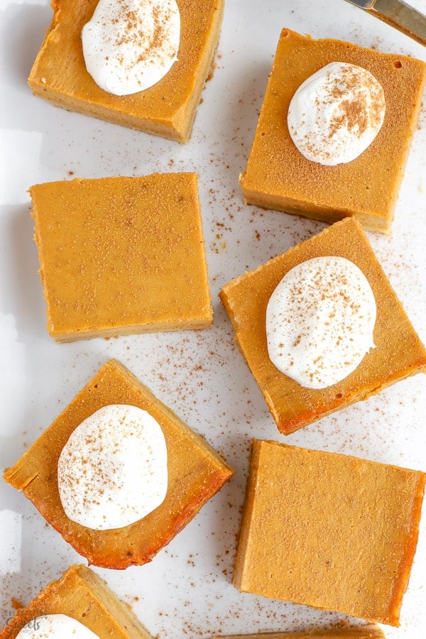 Pumpkin Pie Bars on a white platter.