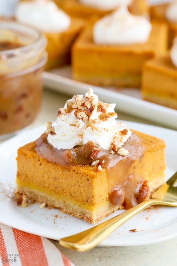 Pumpkin Pie topped with whipped cream and pecan sauce.