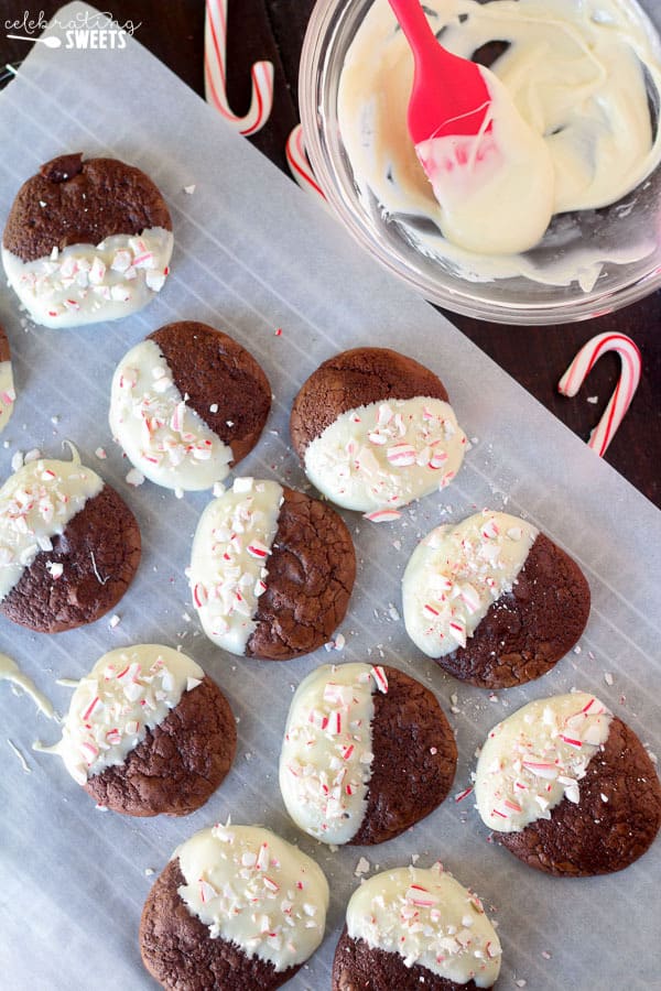 Chocolate cookies dipped in melted white chocolate.