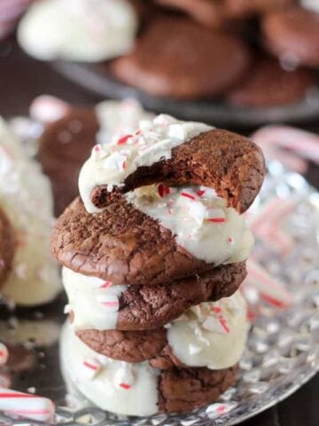 Chocolate cookies dipped in melted white chocolate.