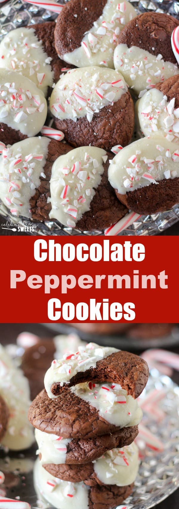 Chocolate cookies dipped in melted white chocolate.