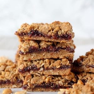 Stack of peanut butter and jelly bars.