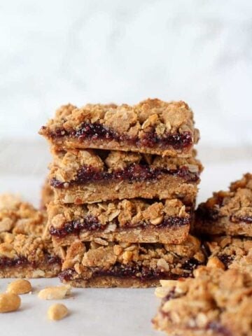 Stack of peanut butter and jelly bars.