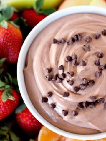 Closeup of chocolate dip in a white bowl.