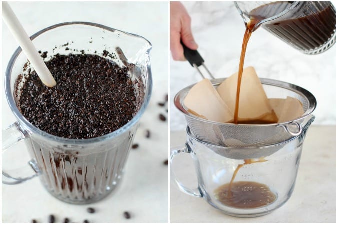 Cold brew coffee in a glass pitcher.