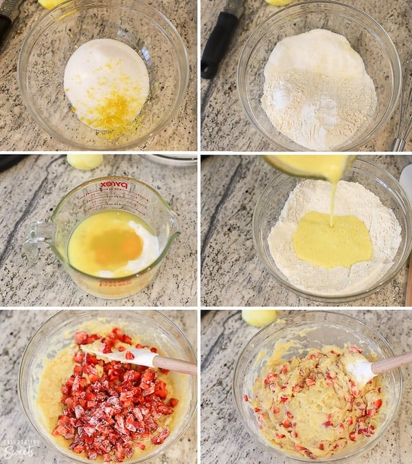Strawberry muffin batter in a glass bowl.
