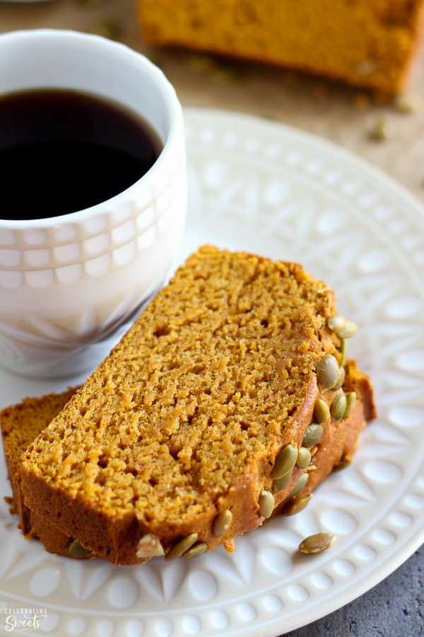 Slices of healthy pumpkin bread on a white plate.