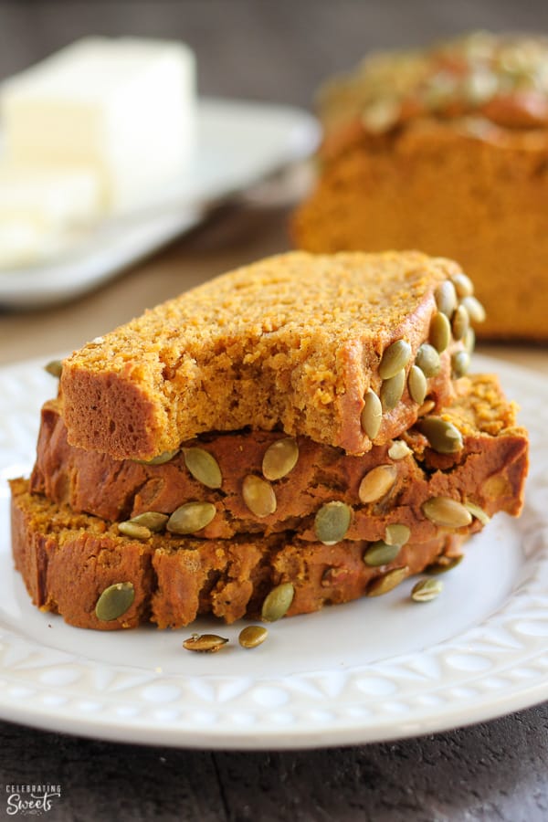 Slices of healthy pumpkin bread on a white plate.