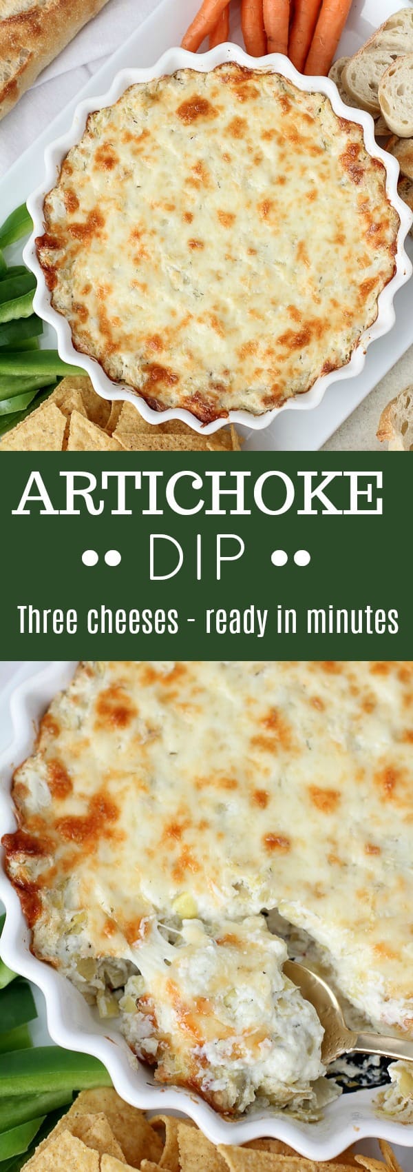 Artichoke dip in a white casserole dish