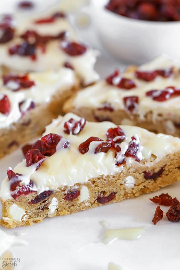 Blondie topped with frosting and dried cranberries.