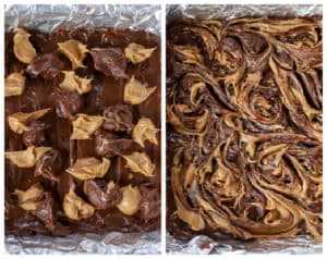 Brownie batter and peanut butter in a foil lined pan.