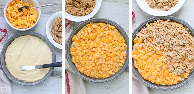Peach cake in a round metal pan.