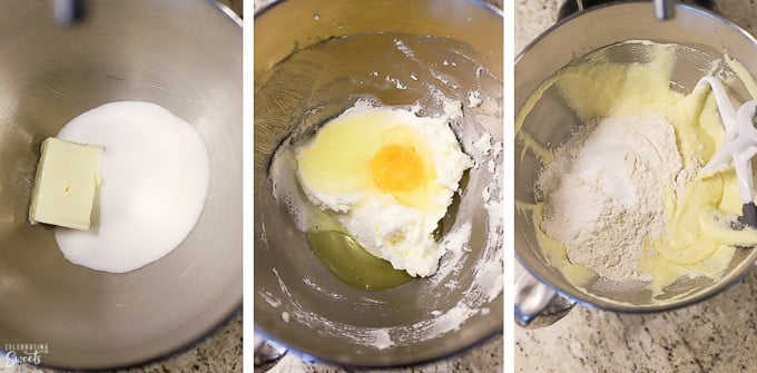 Cake batter in a stainless steel bowl.