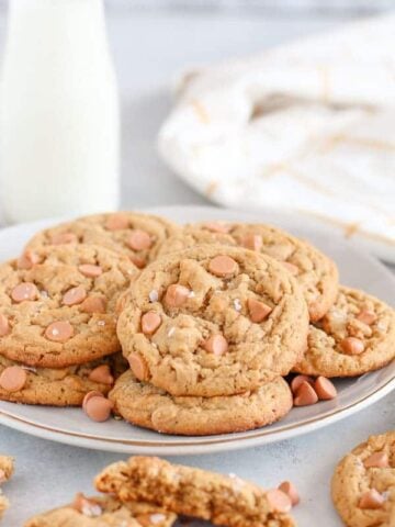 Peanut Butter Butterscotch Cookies on a white plate.