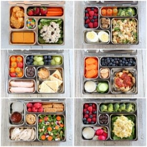 Various packed luchbox foods in a metal tin