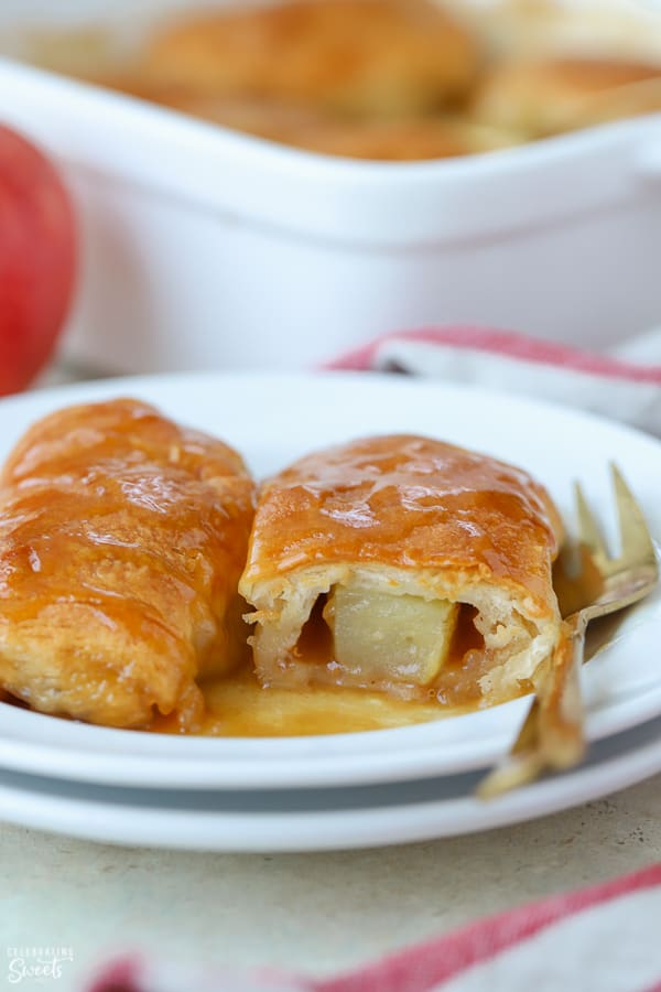 Apple dumplings on a white plate.