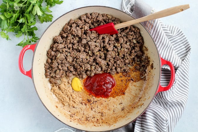 Cheeseburger Sloppy Joes in a skillet