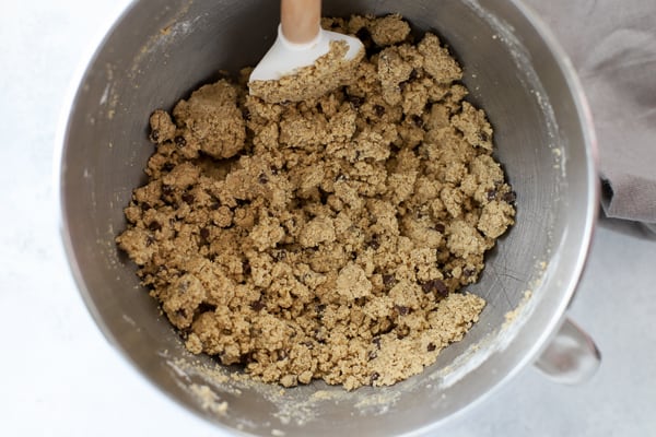 Shortbread cookie dough in a stainless bowl