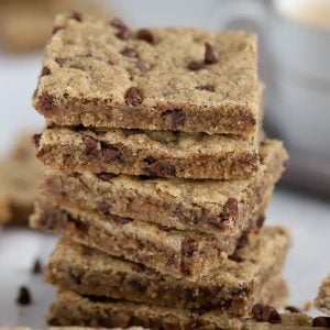 Stack of espresso chocolate chip shortbread cookies