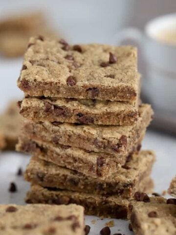 Stack of espresso chocolate chip shortbread cookies