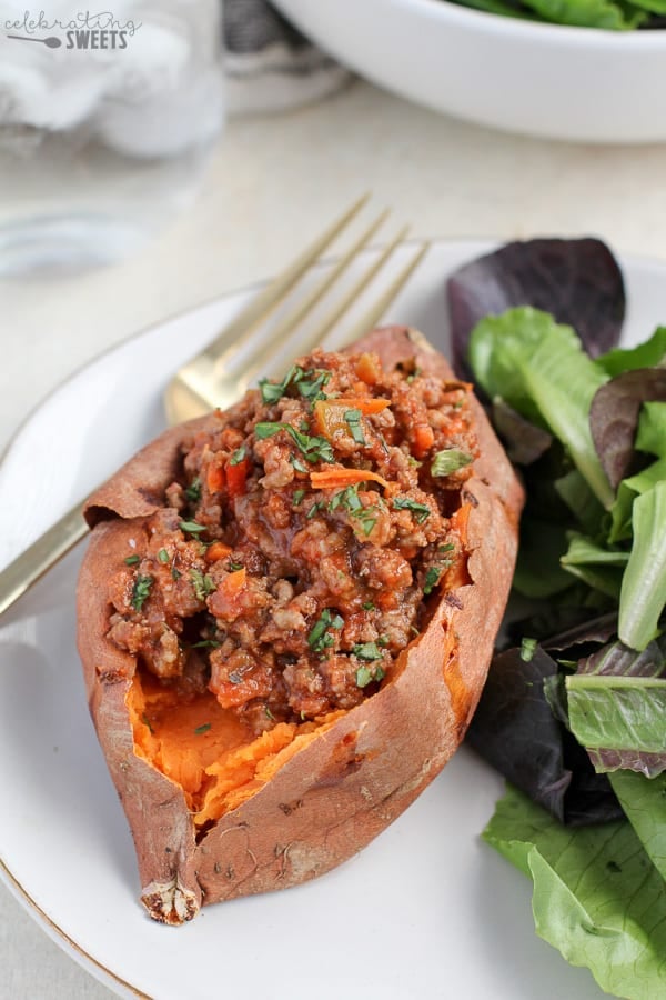 Baked Sweet Potato filled with Sloppy Joe meat.