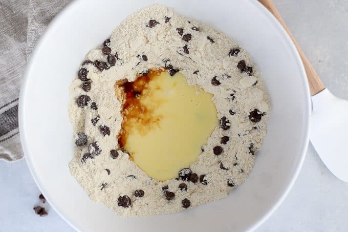 Chocolate Chip Scone dough in a white bowl.