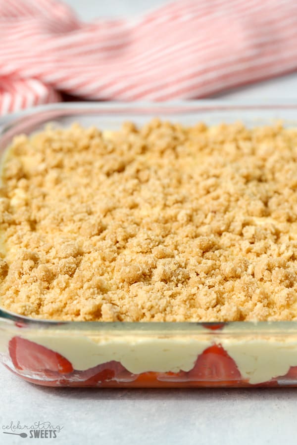 Strawberry crumb cake in a glass baking dish.