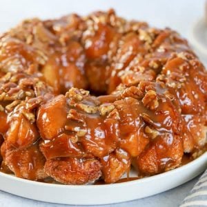 Caramel monkey bread on a white plate.