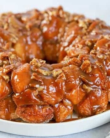 Caramel monkey bread on a white plate.
