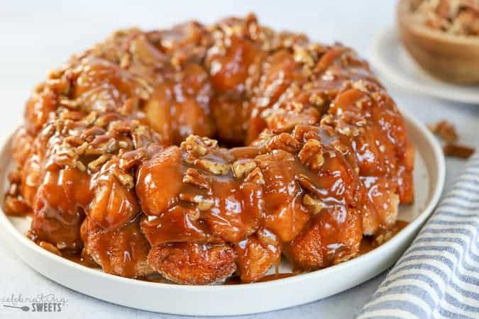 Caramel monkey bread on a white plate.