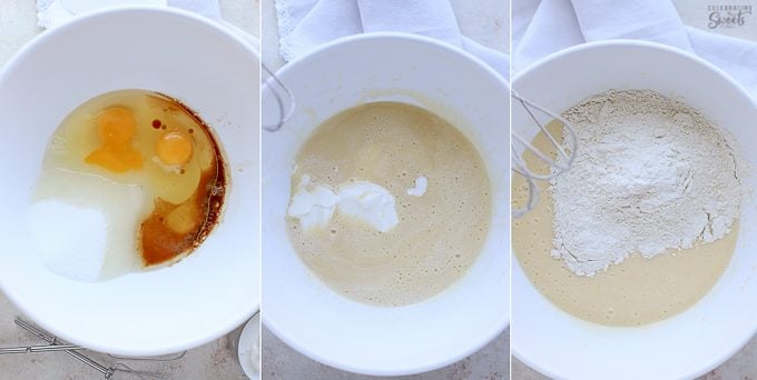 How to make Vanilla Cake (batter in a large white bowl).