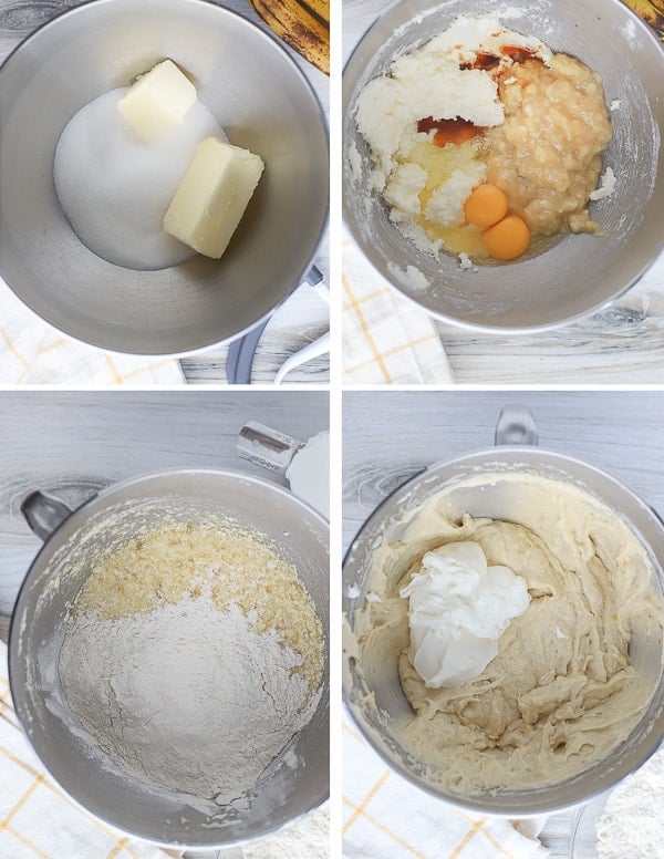 Banana Cake batter in a grey bowl.