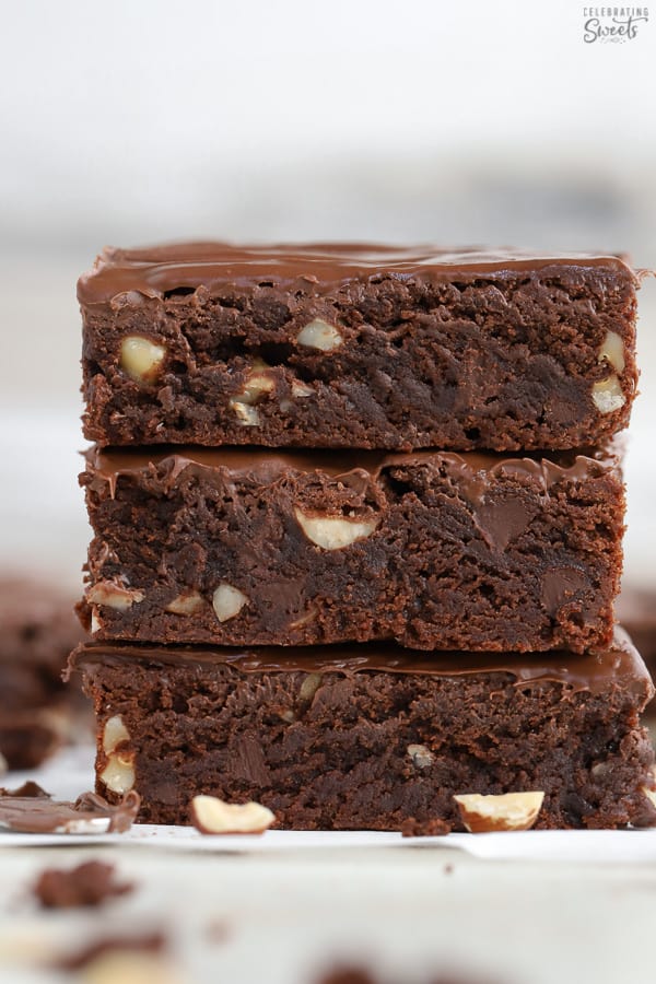 Stack of three brownies.