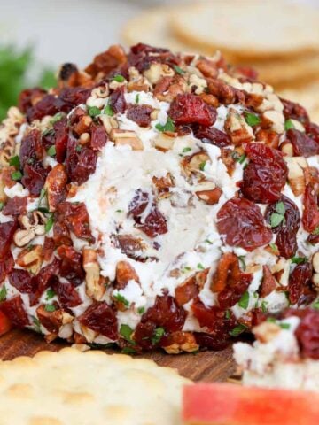 Cheese ball coated with dried cherries and pecans.