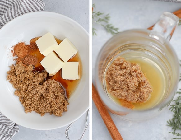 Butter, brown sugar and spices in a white bowl (for making Hot Buttered Rum).